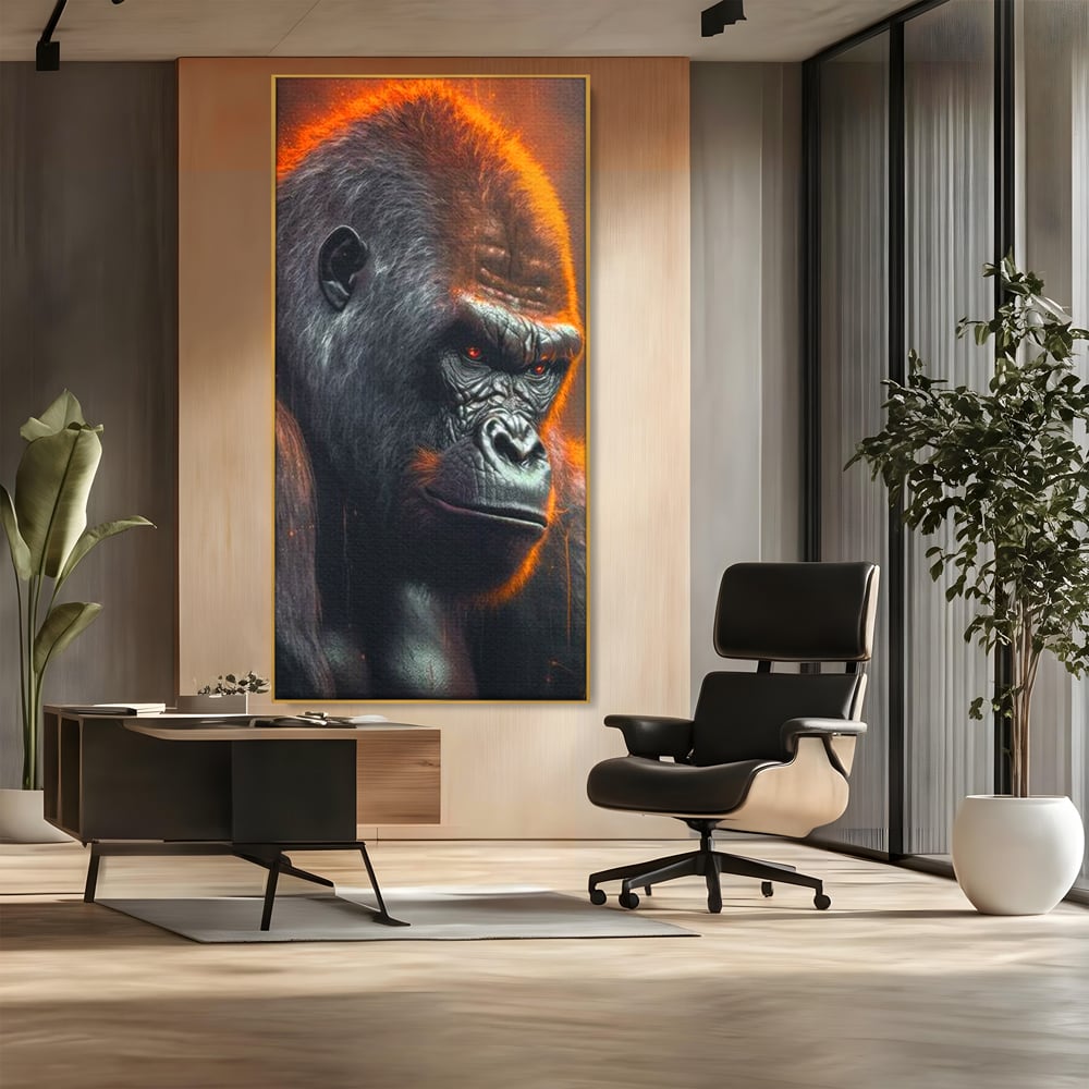 Tablou canvas cu tablou canvas cu gorila furioasa, in rama de aluminiu auriu, pe perete intr-un birou